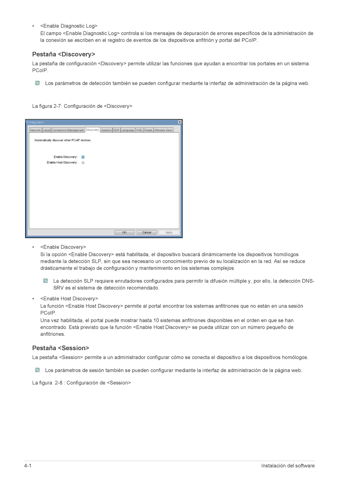 Samsung LF24PPBCB/EN, LF19PPBCB/EN, LF24PPBCB/ZA, LF19PPBCB/ZA manual Pestaña Discovery, Pestaña Session 