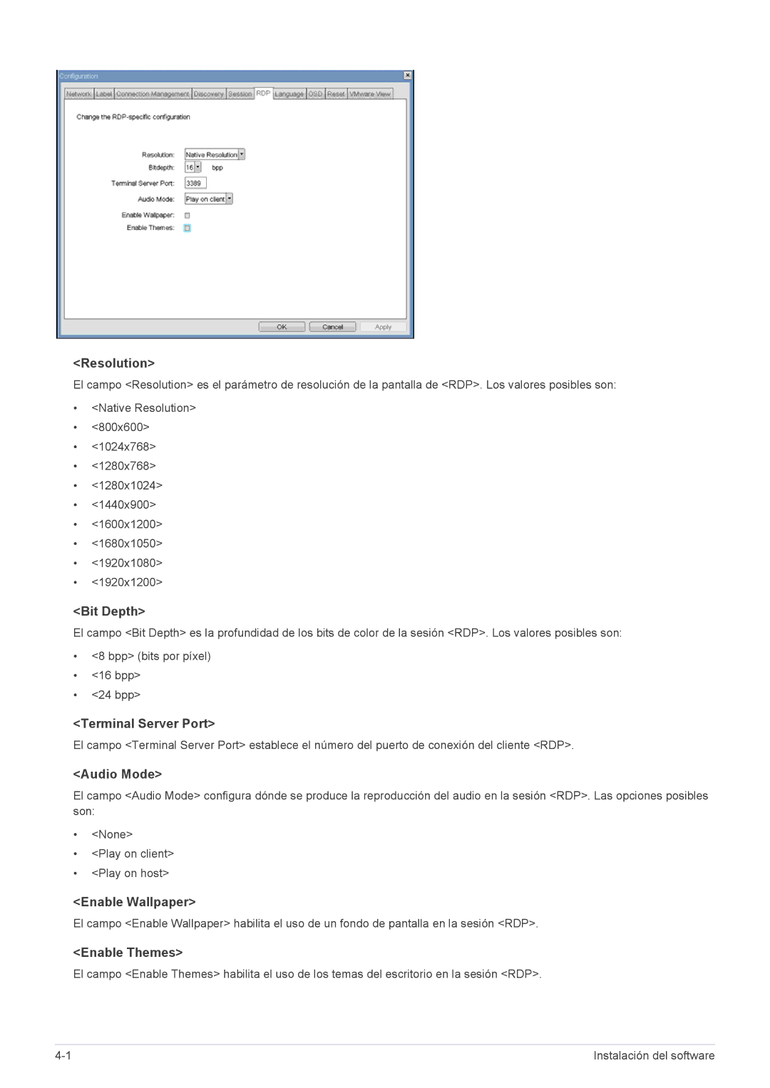 Samsung LF19PPBCB/ZA manual Resolution, Bit Depth, Terminal Server Port, Audio Mode, Enable Wallpaper, Enable Themes 