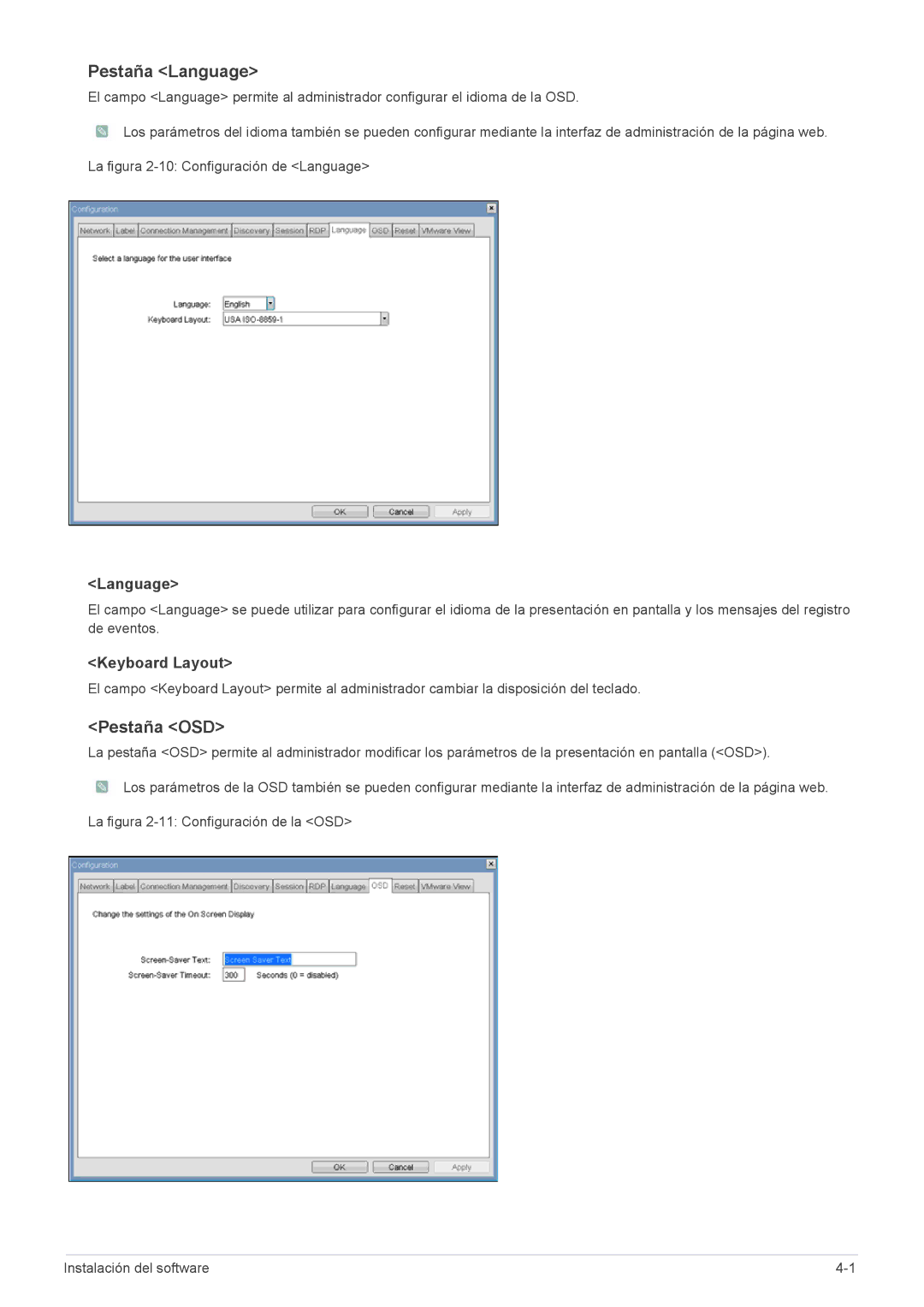 Samsung LF19PPBCB/EN, LF24PPBCB/EN, LF24PPBCB/ZA, LF19PPBCB/ZA manual Pestaña Language, Pestaña OSD, Keyboard Layout 