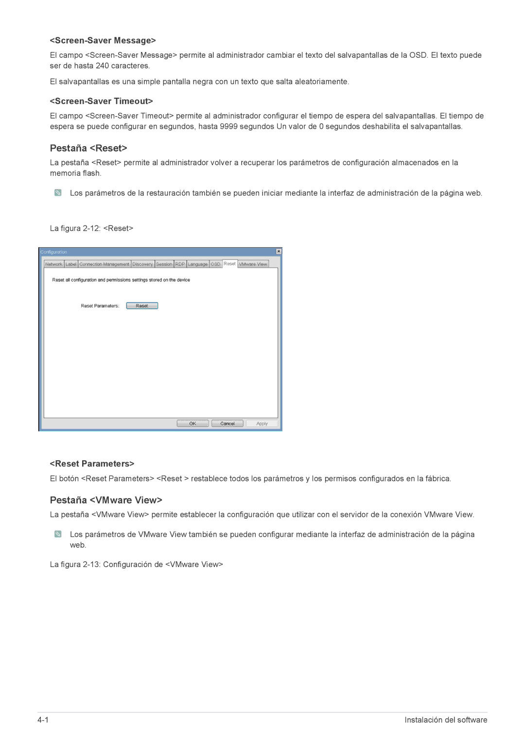 Samsung LF24PPBCB/EN Pestaña Reset, Pestaña VMware View, Screen-Saver Message, Screen-Saver Timeout, Reset Parameters 