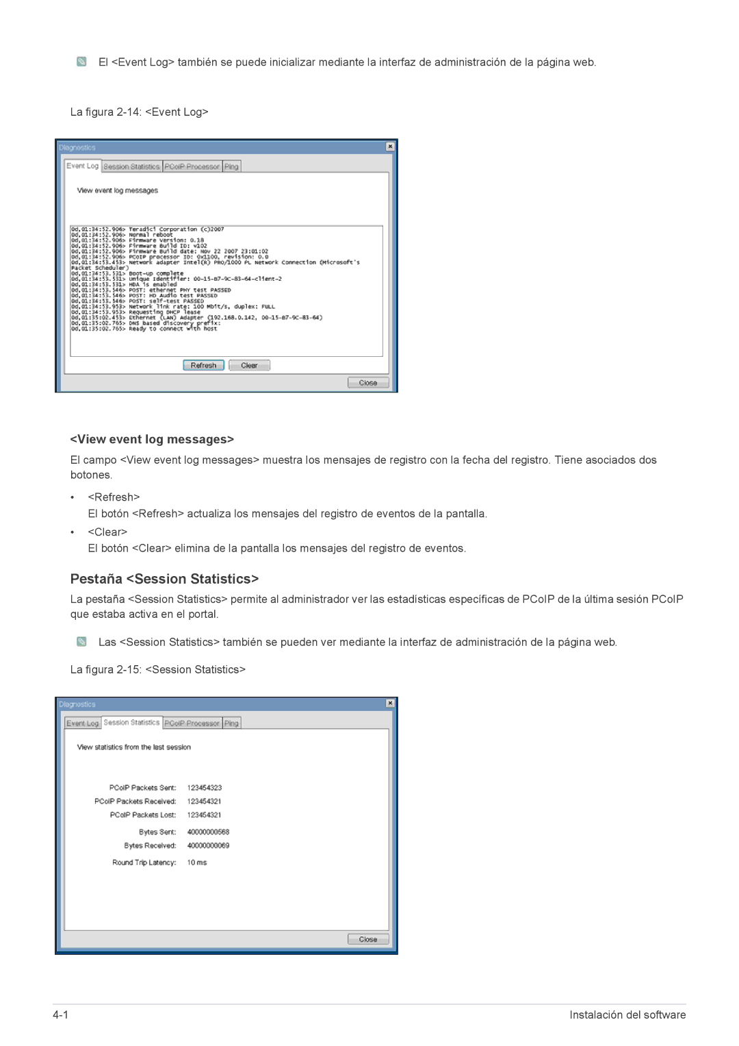 Samsung LF19PPBCB/ZA, LF19PPBCB/EN, LF24PPBCB/EN, LF24PPBCB/ZA manual Pestaña Session Statistics, View event log messages 