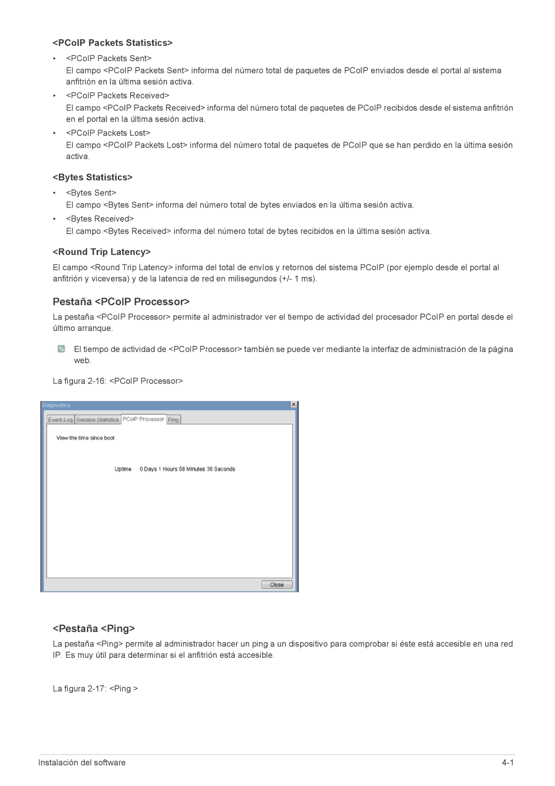 Samsung LF19PPBCB/EN Pestaña PCoIP Processor, Pestaña Ping, PCoIP Packets Statistics, Bytes Statistics, Round Trip Latency 