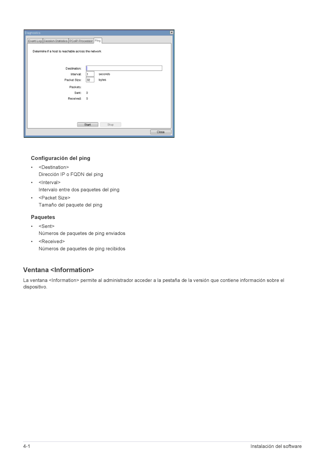 Samsung LF24PPBCB/EN, LF19PPBCB/EN, LF24PPBCB/ZA, LF19PPBCB/ZA manual Ventana Information, Configuración del ping, Paquetes 