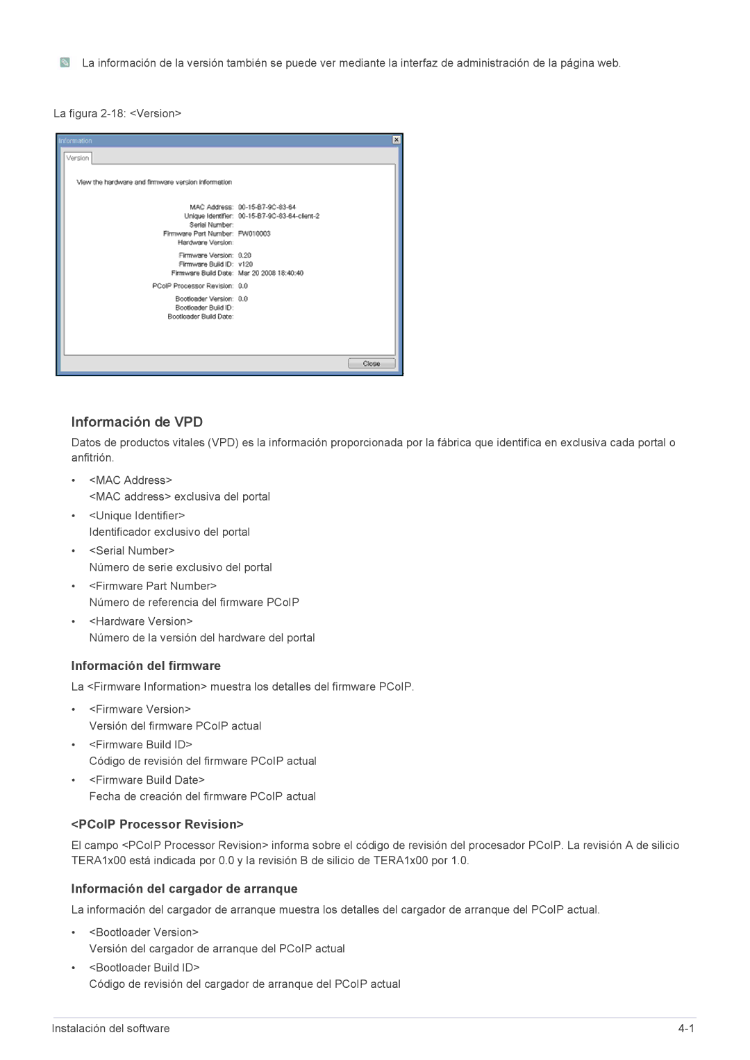 Samsung LF24PPBCB/ZA, LF19PPBCB/EN, LF24PPBCB/EN Información de VPD, Información del firmware, PCoIP Processor Revision 