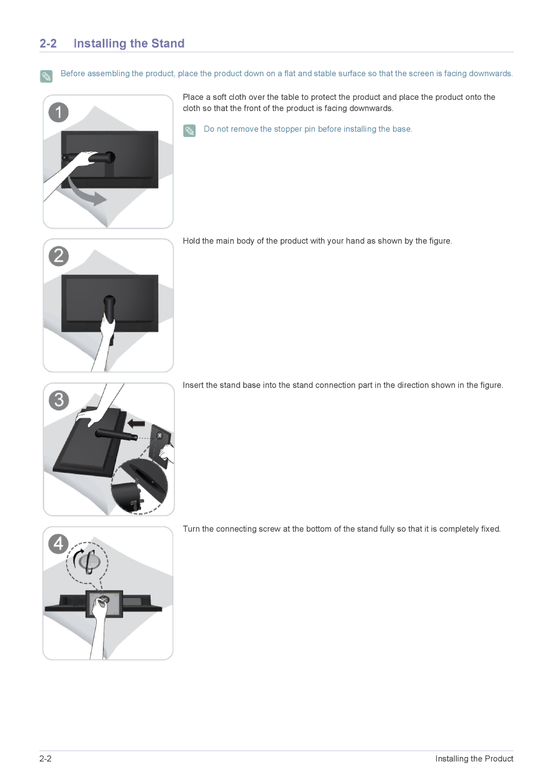 Samsung LF24PPBDB/EN, LF19PPBCB/EN manual Installing the Stand, Do not remove the stopper pin before installing the base 