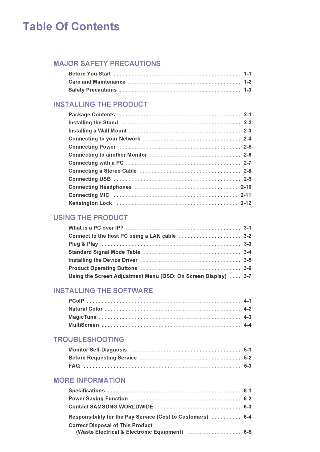 Samsung LF24PPBDB/EN, LF19PPBCB/EN, LF24PPBCB/EN, LF24PPBDB/XJ, LF19PPBCB/XJ, LF24PPBCB/XJ, LF24PPBCB/ZA manual Table Of Contents 