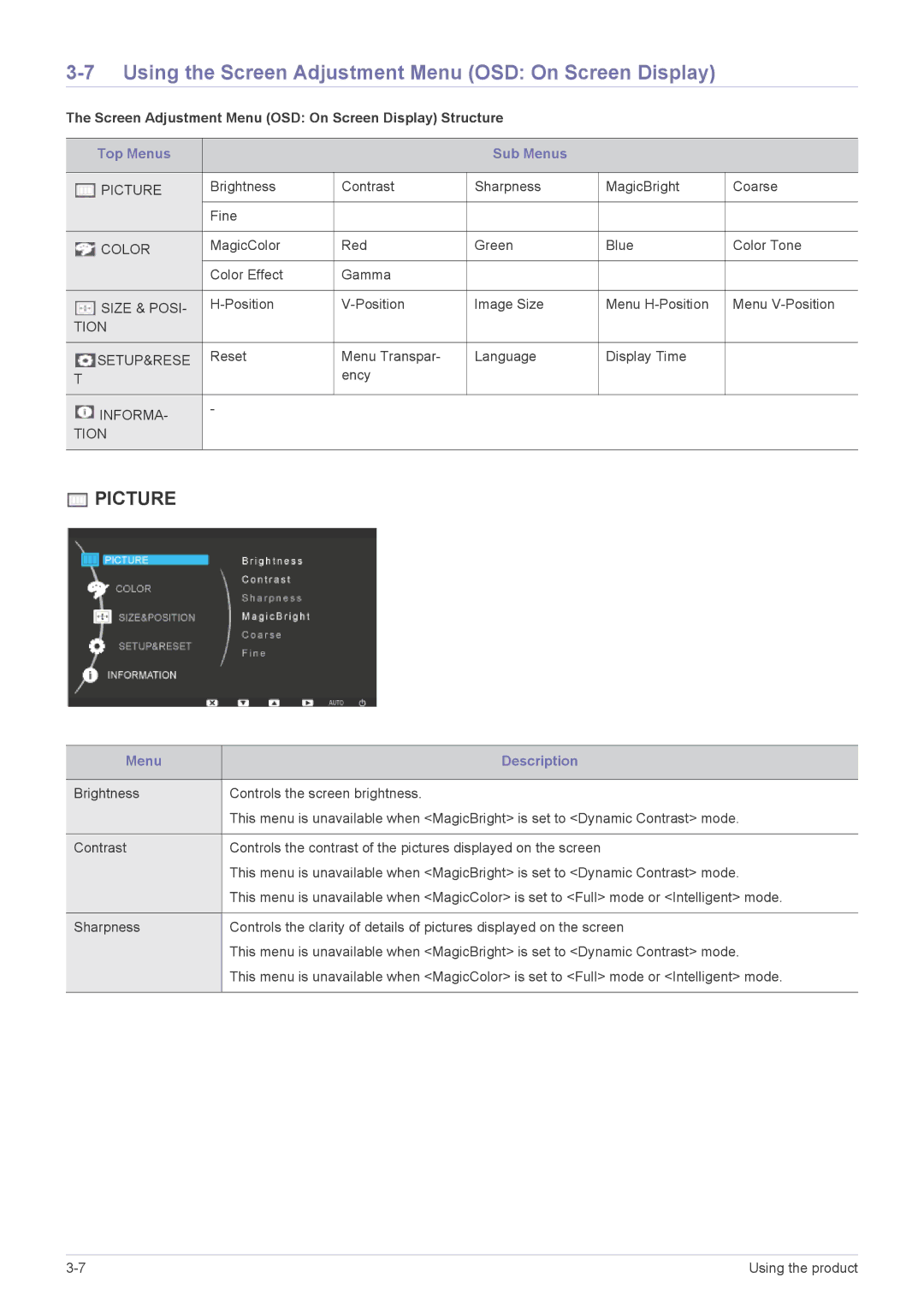 Samsung LF24PPBDB/EN, LF19PPBCB/EN manual Using the Screen Adjustment Menu OSD On Screen Display, Top Menus Sub Menus 