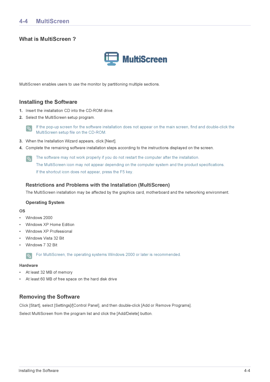 Samsung LF19PPBCB/XY, LF19PPBCB/EN What is MultiScreen ?, Restrictions and Problems with the Installation MultiScreen 