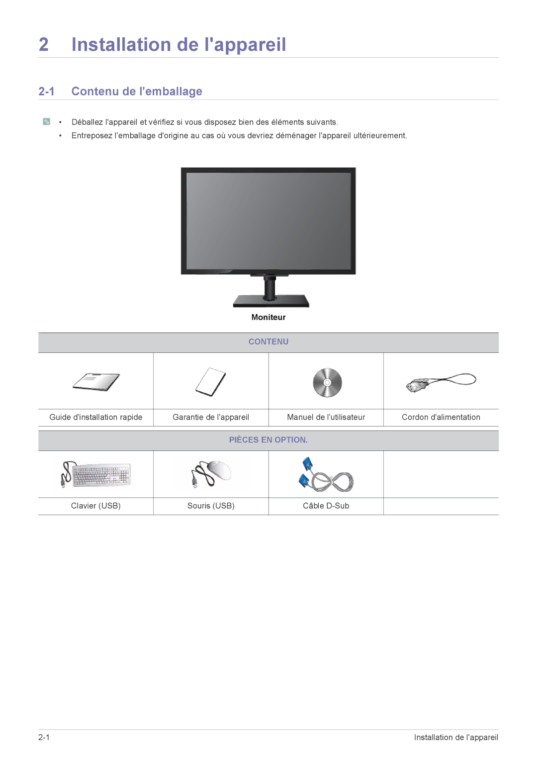 Samsung LF19PPBCB/EN, LF24PPBCB/EN, LF24PPBDB/EN manual Contenu de lemballage, Pièces EN Option 