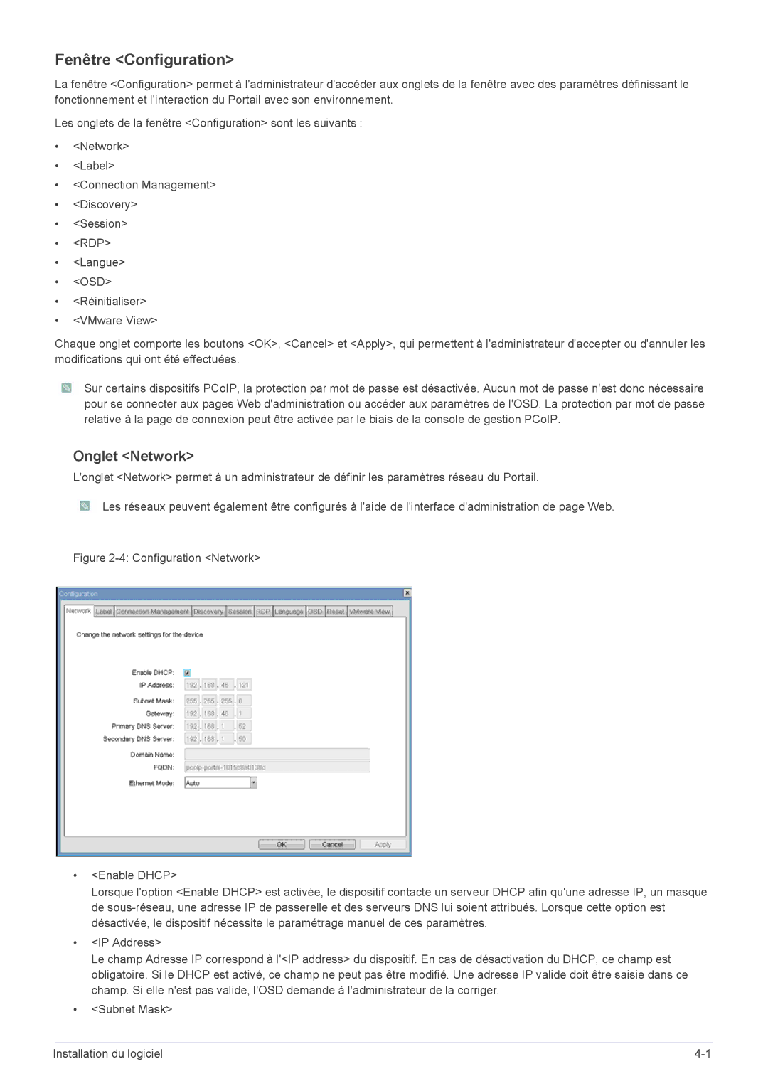 Samsung LF24PPBDB/EN, LF19PPBCB/EN, LF24PPBCB/EN manual Fenêtre Configuration, Onglet Network 