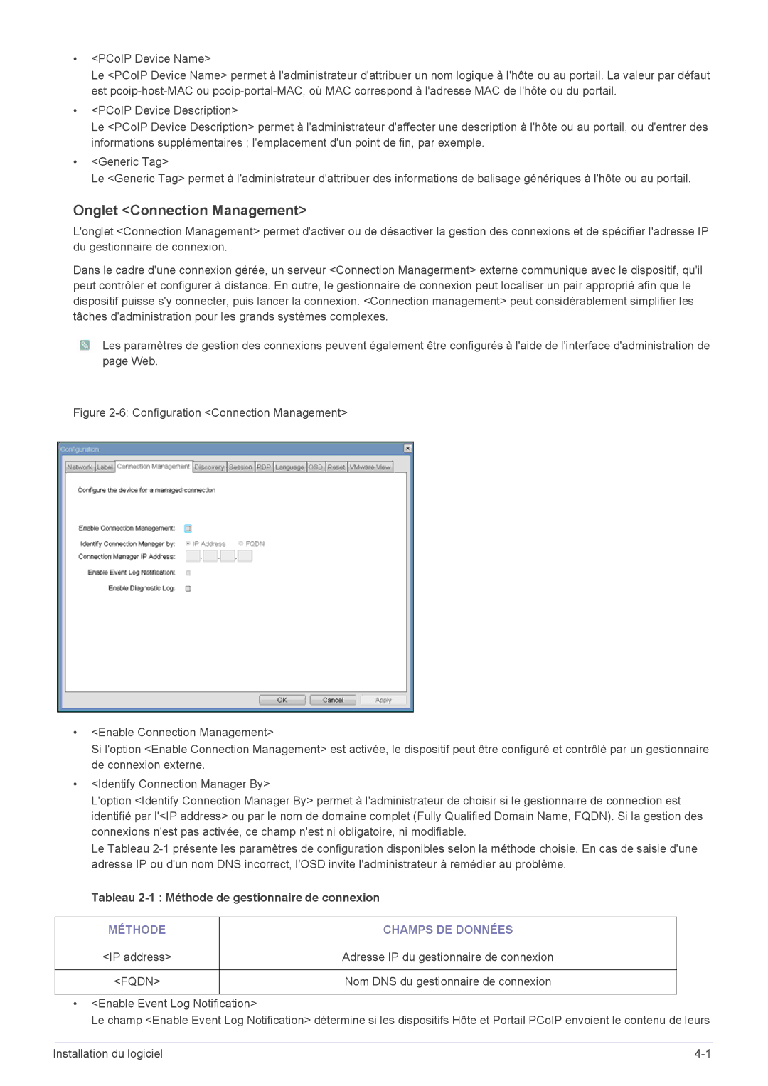 Samsung LF24PPBCB/EN, LF19PPBCB/EN, LF24PPBDB/EN manual Onglet Connection Management, Méthode Champs DE Données 