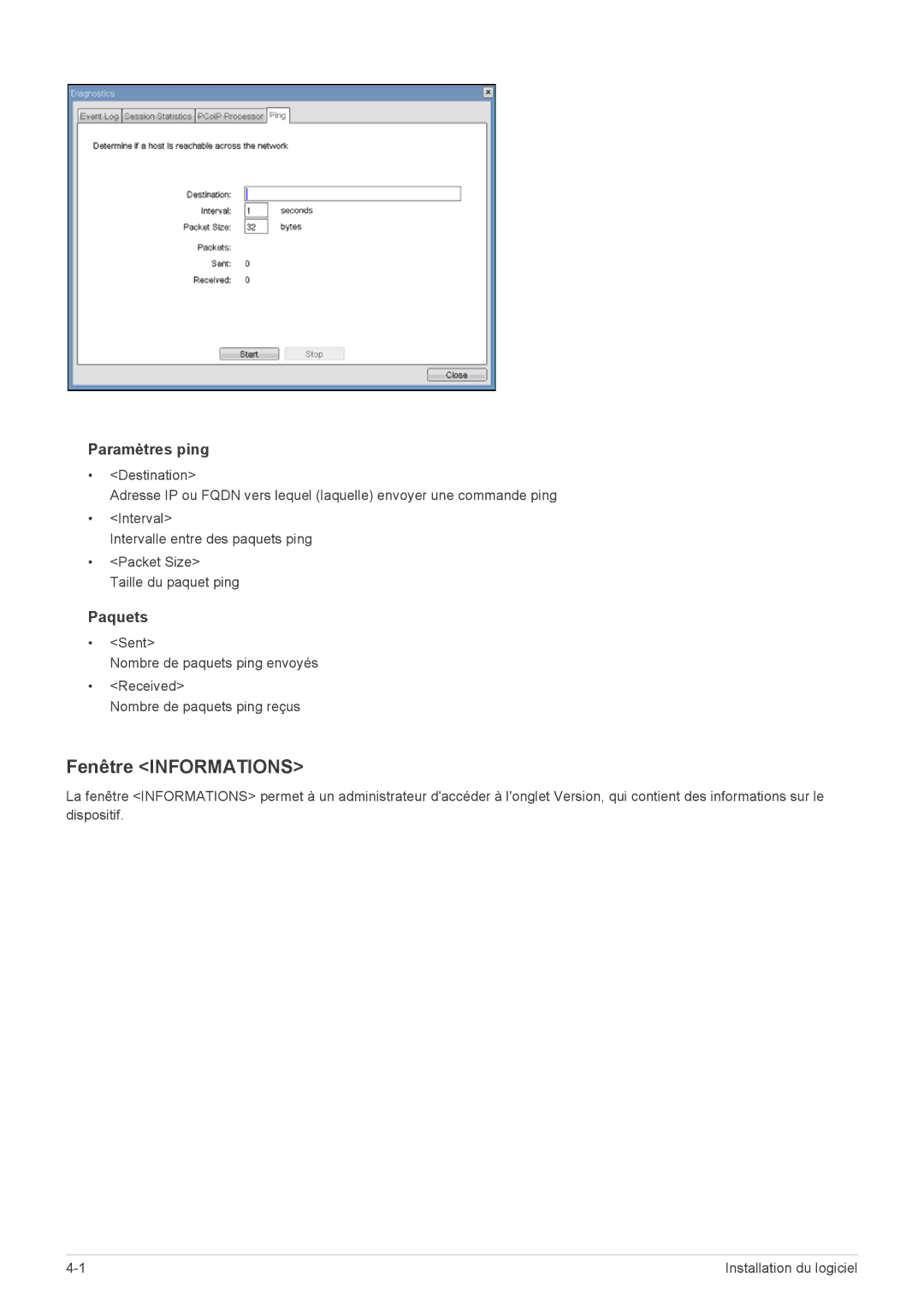 Samsung LF24PPBCB/EN, LF19PPBCB/EN, LF24PPBDB/EN manual Fenêtre Informations, Paramètres ping, Paquets 