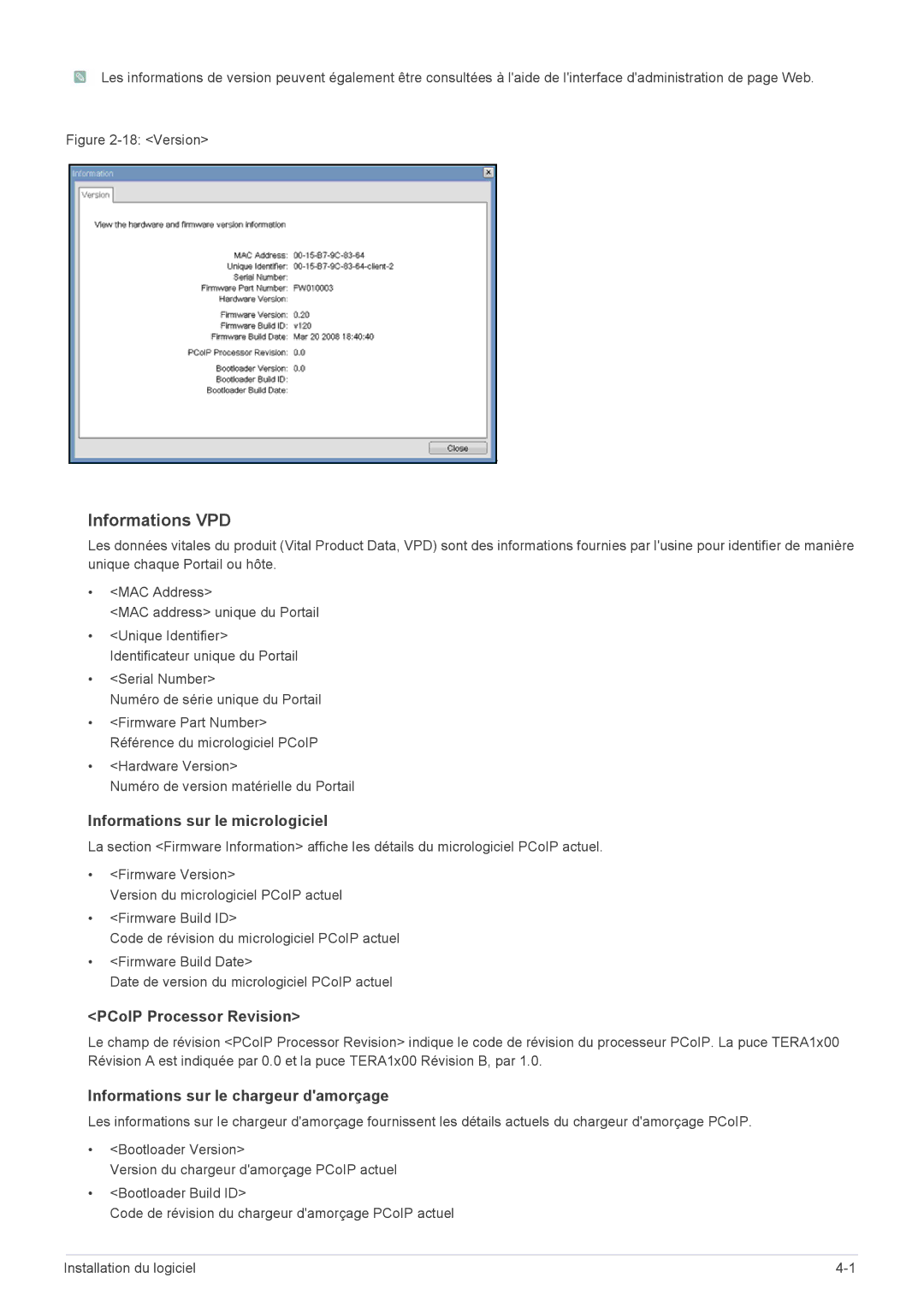 Samsung LF24PPBDB/EN, LF19PPBCB/EN manual Informations VPD, Informations sur le micrologiciel, PCoIP Processor Revision 