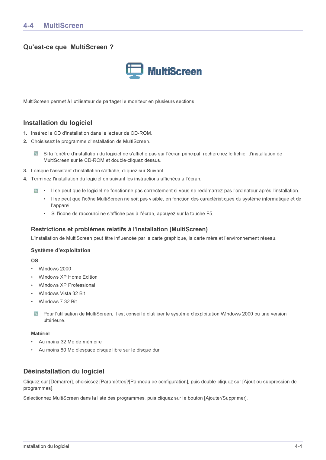 Samsung LF24PPBCB/EN, LF19PPBCB/EN, LF24PPBDB/EN manual Qu’est-ce que MultiScreen ?, Système d’exploitation 