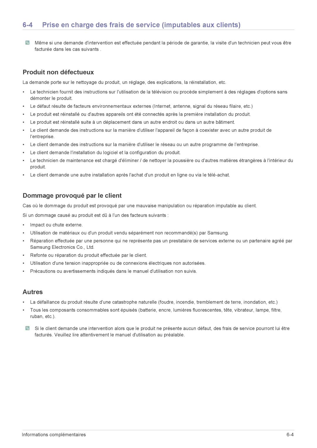 Samsung LF19PPBCB/EN manual Prise en charge des frais de service imputables aux clients, Produit non défectueux, Autres 