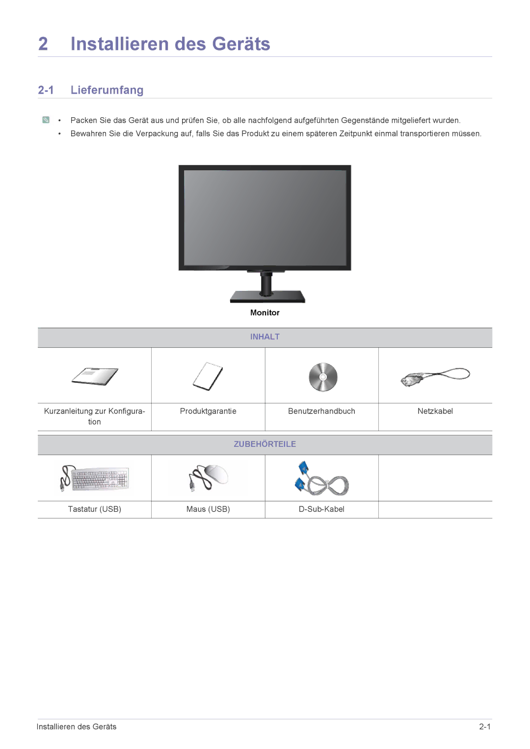 Samsung LF24PPBDB/EN, LF19PPBCB/EN, LF24PPBCB/EN manual Lieferumfang, Inhalt, Zubehörteile 