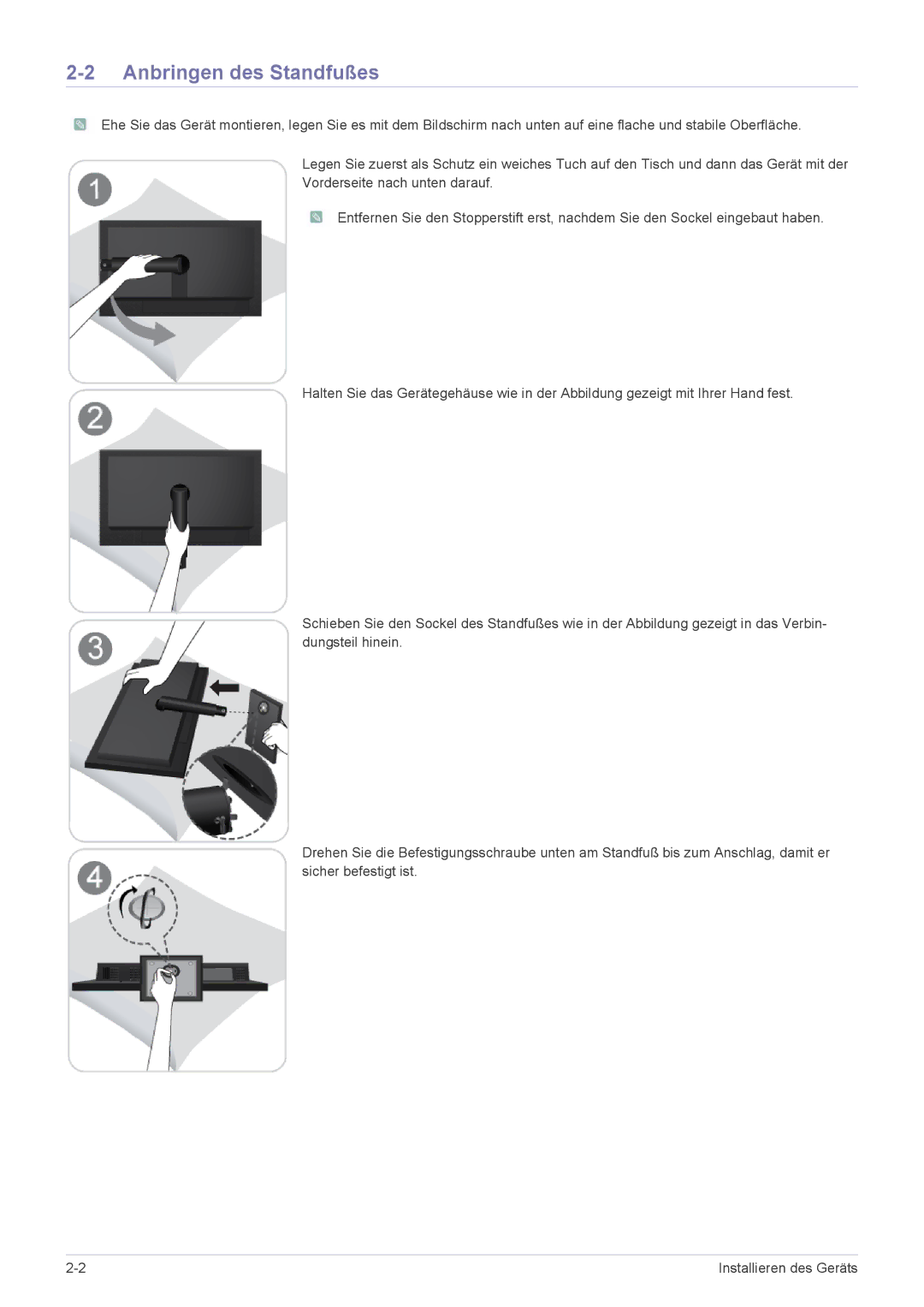 Samsung LF19PPBCB/EN, LF24PPBCB/EN, LF24PPBDB/EN manual Anbringen des Standfußes 