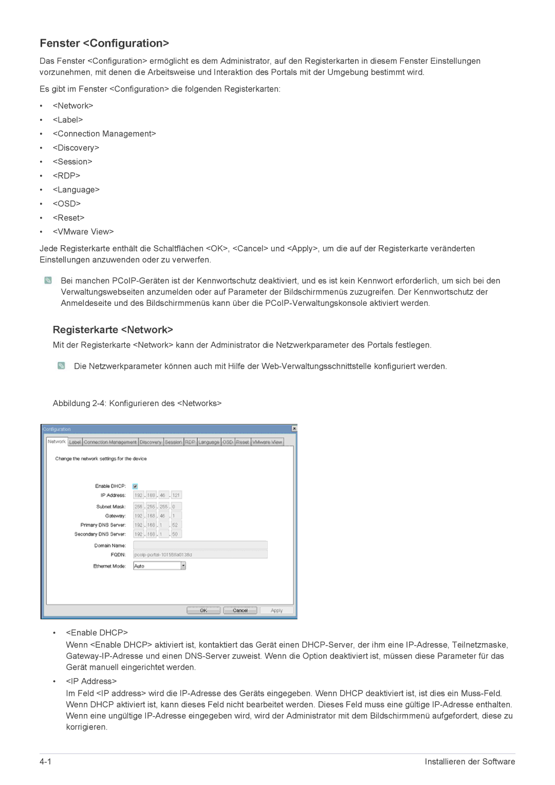 Samsung LF24PPBCB/EN, LF19PPBCB/EN, LF24PPBDB/EN manual Fenster Configuration, Registerkarte Network 