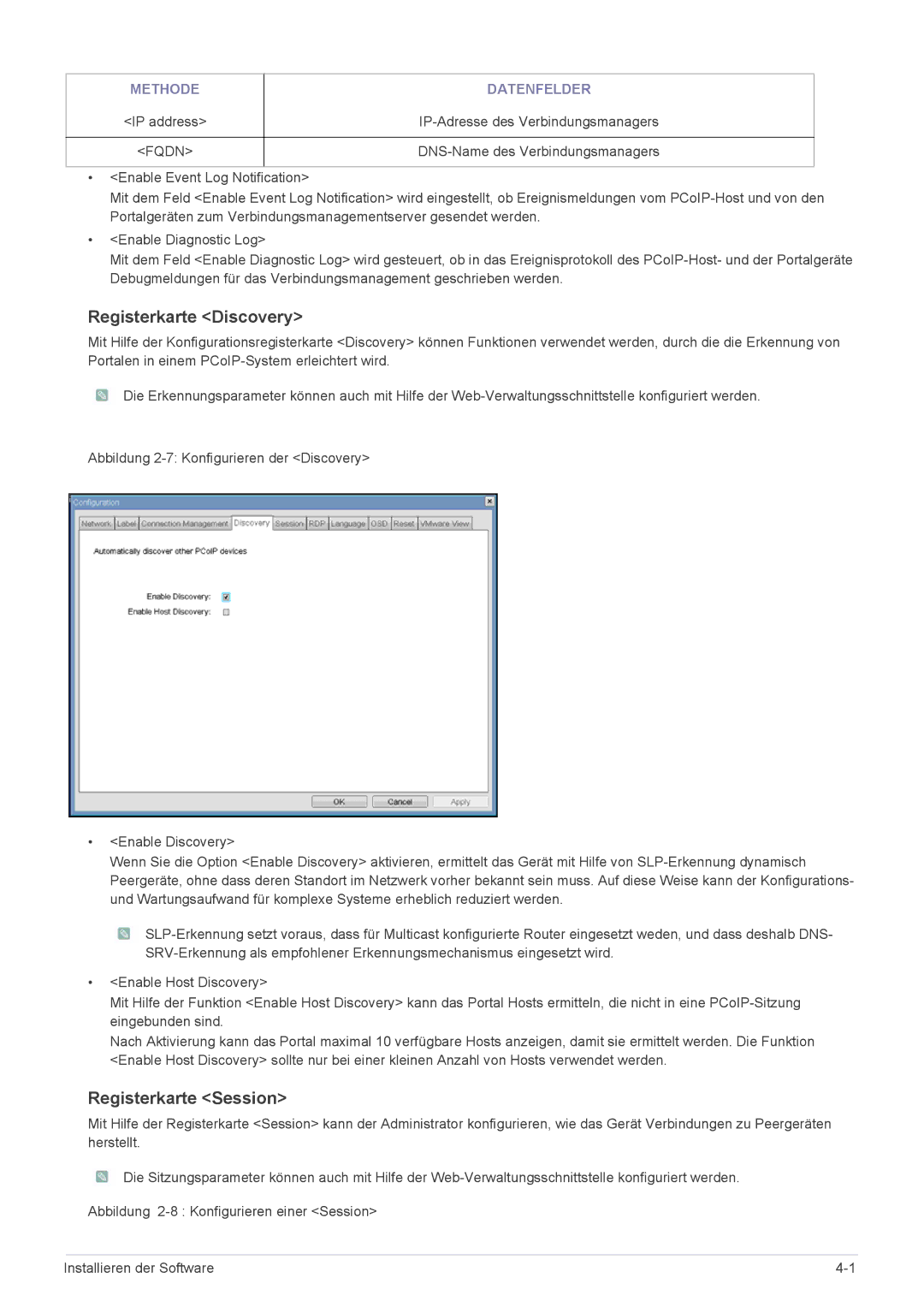 Samsung LF24PPBCB/EN, LF19PPBCB/EN, LF24PPBDB/EN manual Registerkarte Discovery, Registerkarte Session, Methode Datenfelder 