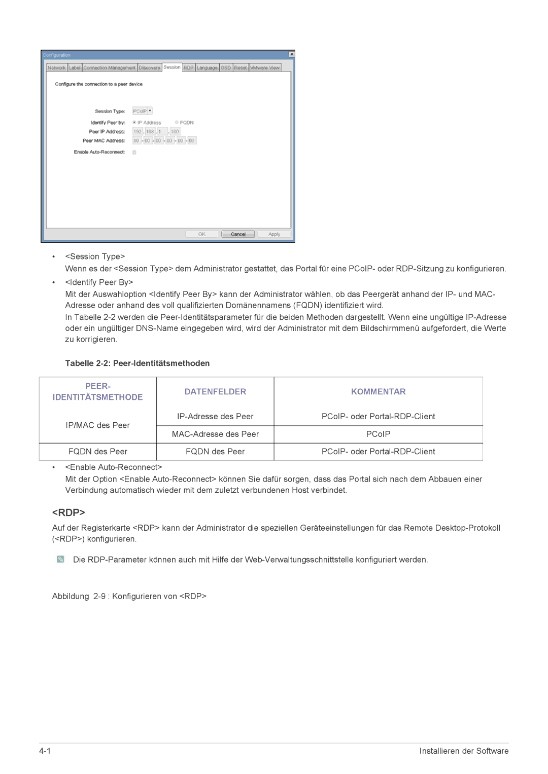 Samsung LF24PPBDB/EN, LF19PPBCB/EN, LF24PPBCB/EN manual Rdp, Peer Datenfelder Kommentar Identitätsmethode 