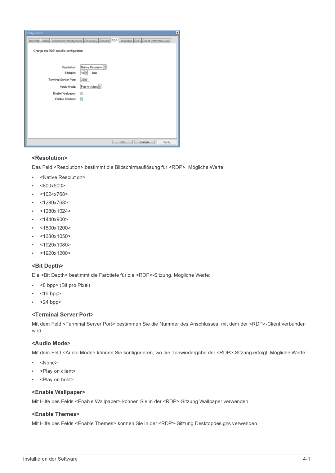 Samsung LF19PPBCB/EN manual Resolution, Bit Depth, Terminal Server Port, Audio Mode, Enable Wallpaper, Enable Themes 