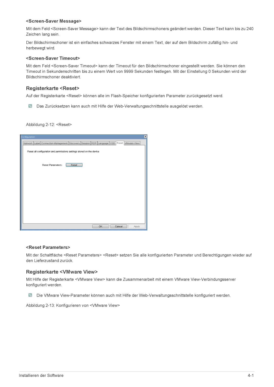 Samsung LF24PPBDB/EN manual Registerkarte Reset, Registerkarte VMware View, Screen-Saver Message, Screen-Saver Timeout 