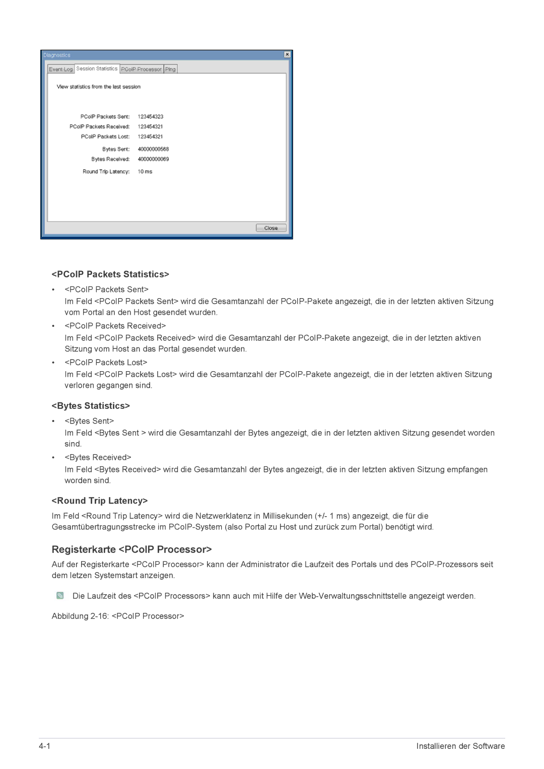 Samsung LF24PPBDB/EN manual Registerkarte PCoIP Processor, PCoIP Packets Statistics, Bytes Statistics, Round Trip Latency 