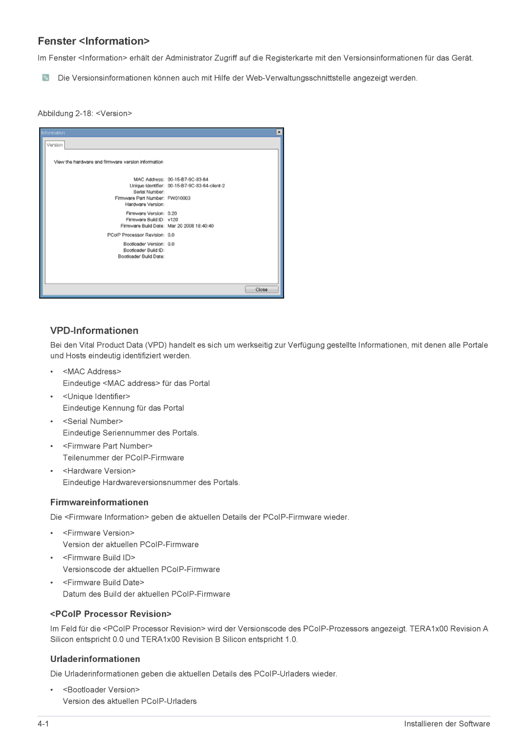 Samsung LF24PPBCB/EN, LF19PPBCB/EN Fenster Information, VPD-Informationen, Firmwareinformationen, PCoIP Processor Revision 