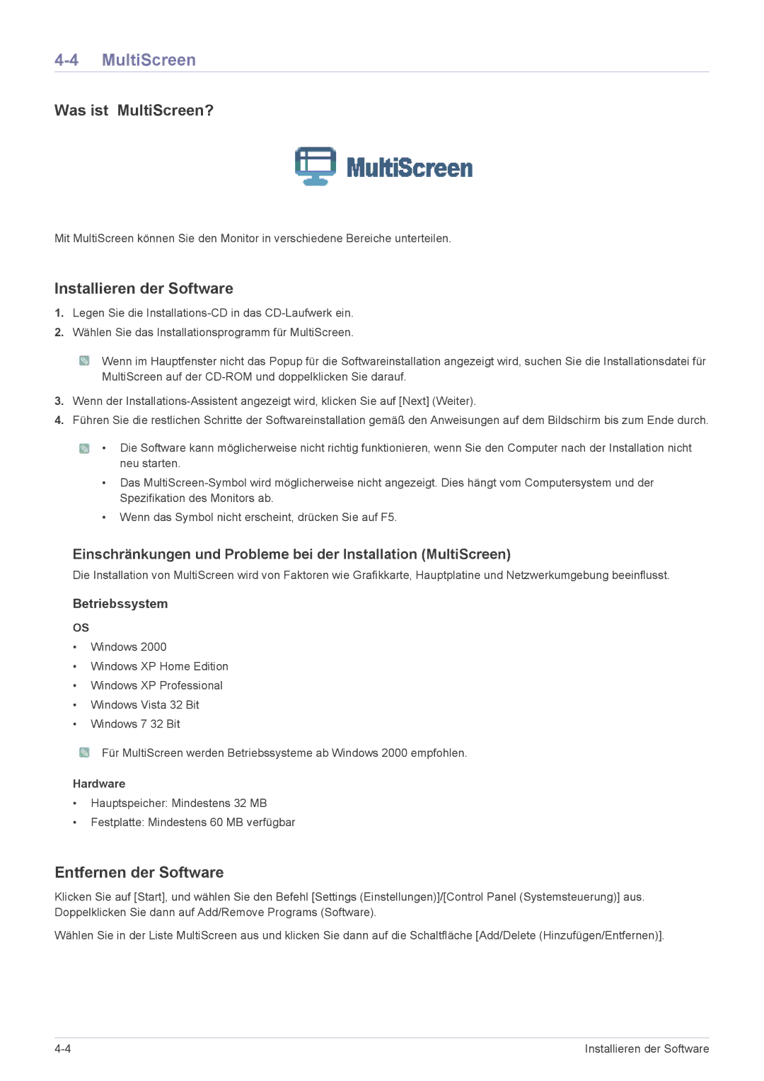 Samsung LF19PPBCB/EN, LF24PPBCB/EN, LF24PPBDB/EN manual Was ist MultiScreen?, Betriebssystem 