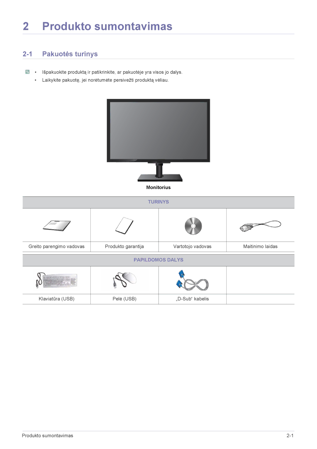 Samsung LF24PPBDB/EN, LF19PPBCB/EN, LF24PPBCB/EN manual Pakuotės turinys, Turinys, Papildomos Dalys 