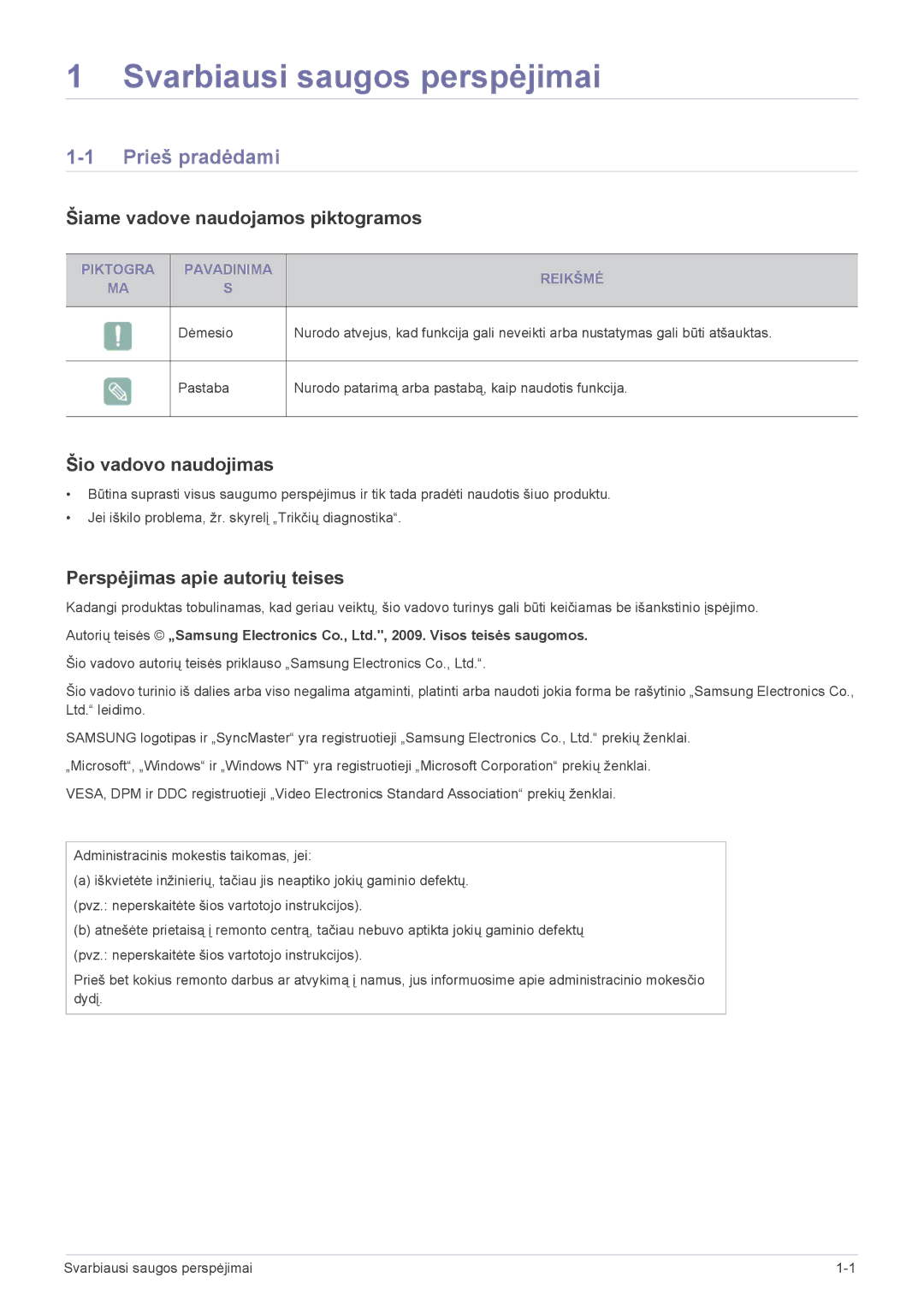 Samsung LF19PPBCB/EN, LF24PPBCB/EN manual Prieš pradėdami, Šiame vadove naudojamos piktogramos, Šio vadovo naudojimas 