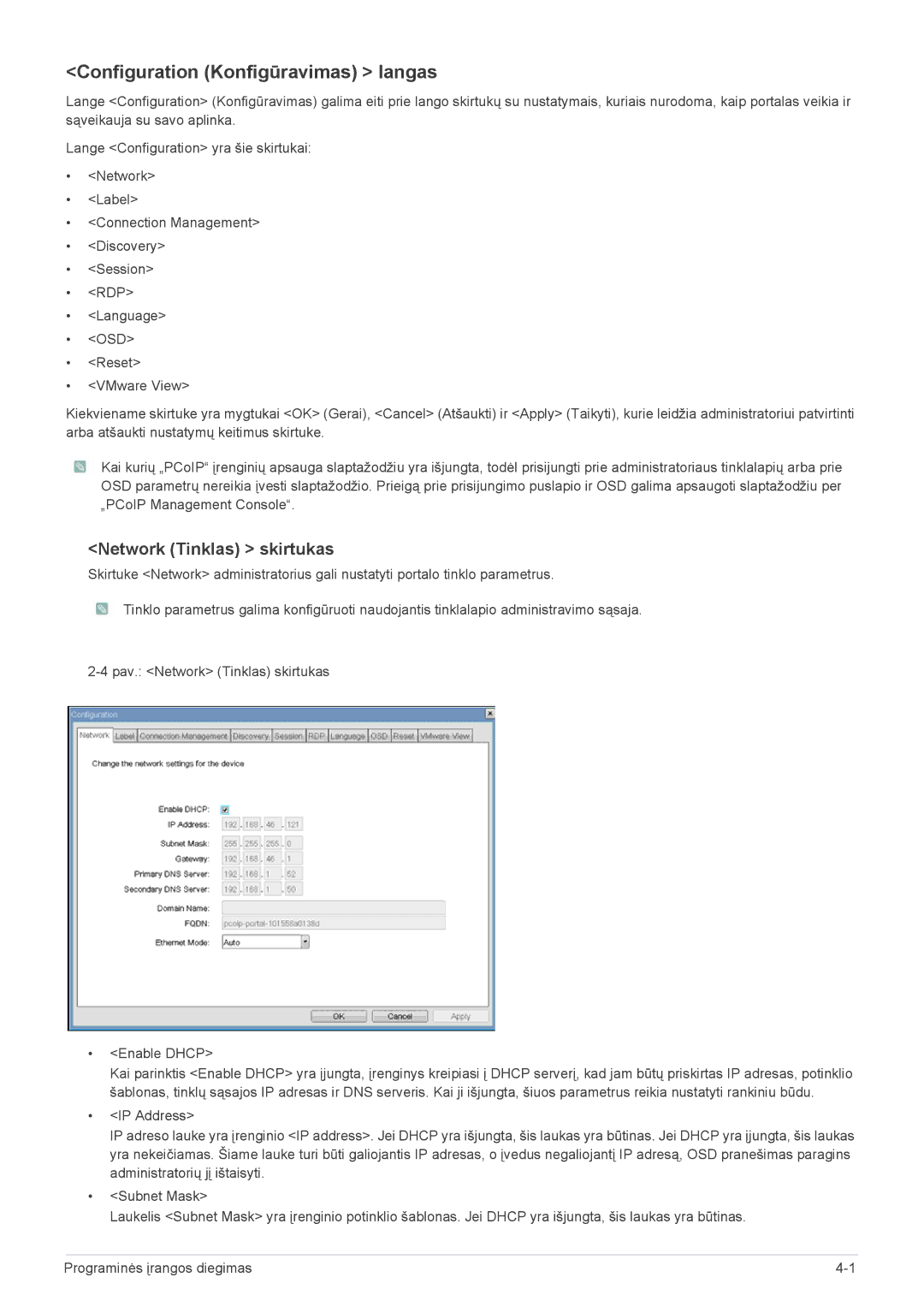 Samsung LF24PPBCB/EN, LF19PPBCB/EN, LF24PPBDB/EN manual Configuration Konfigūravimas langas, Network Tinklas skirtukas 