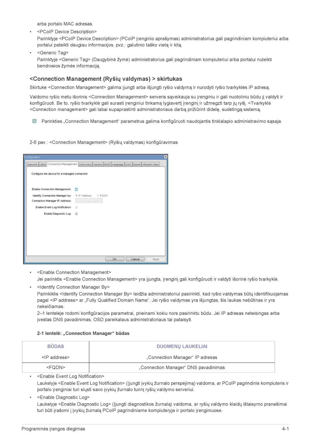 Samsung LF19PPBCB/EN, LF24PPBCB/EN, LF24PPBDB/EN Connection Management Ryšių valdymas skirtukas, Būdas Duomenų Laukeliai 