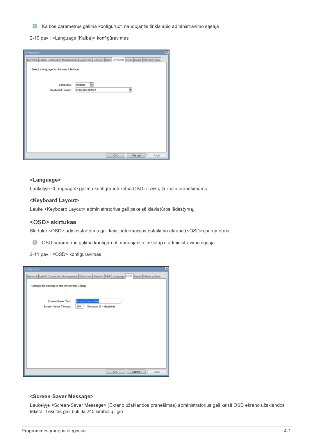 Samsung LF24PPBCB/EN, LF19PPBCB/EN, LF24PPBDB/EN manual OSD skirtukas, Language, Keyboard Layout, Screen-Saver Message 