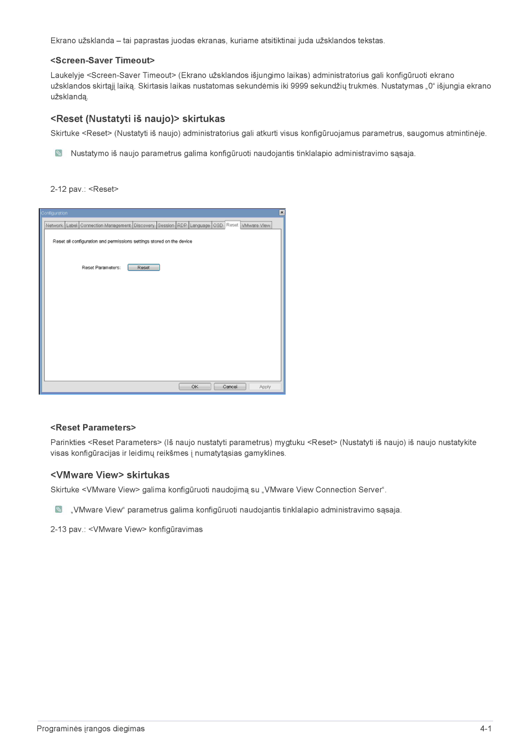 Samsung LF24PPBDB/EN Reset Nustatyti iš naujo skirtukas, VMware View skirtukas, Screen-Saver Timeout, Reset Parameters 