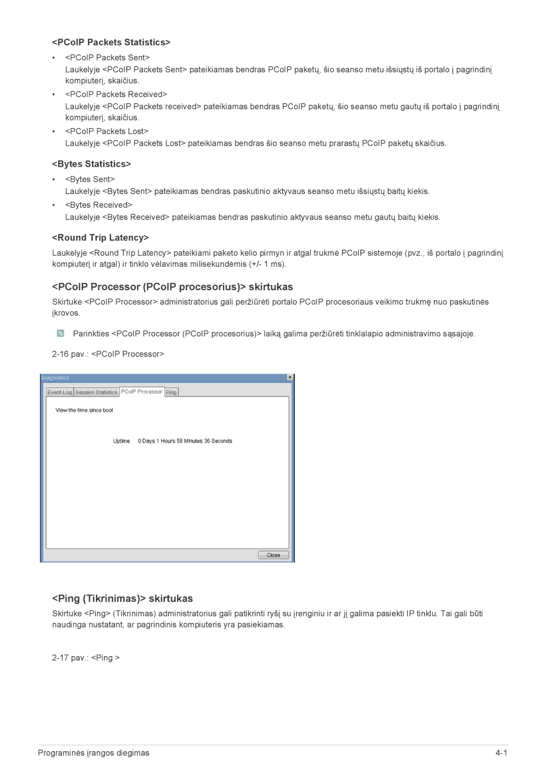 Samsung LF24PPBDB/EN PCoIP Processor PCoIP procesorius skirtukas, Ping Tikrinimas skirtukas, PCoIP Packets Statistics 