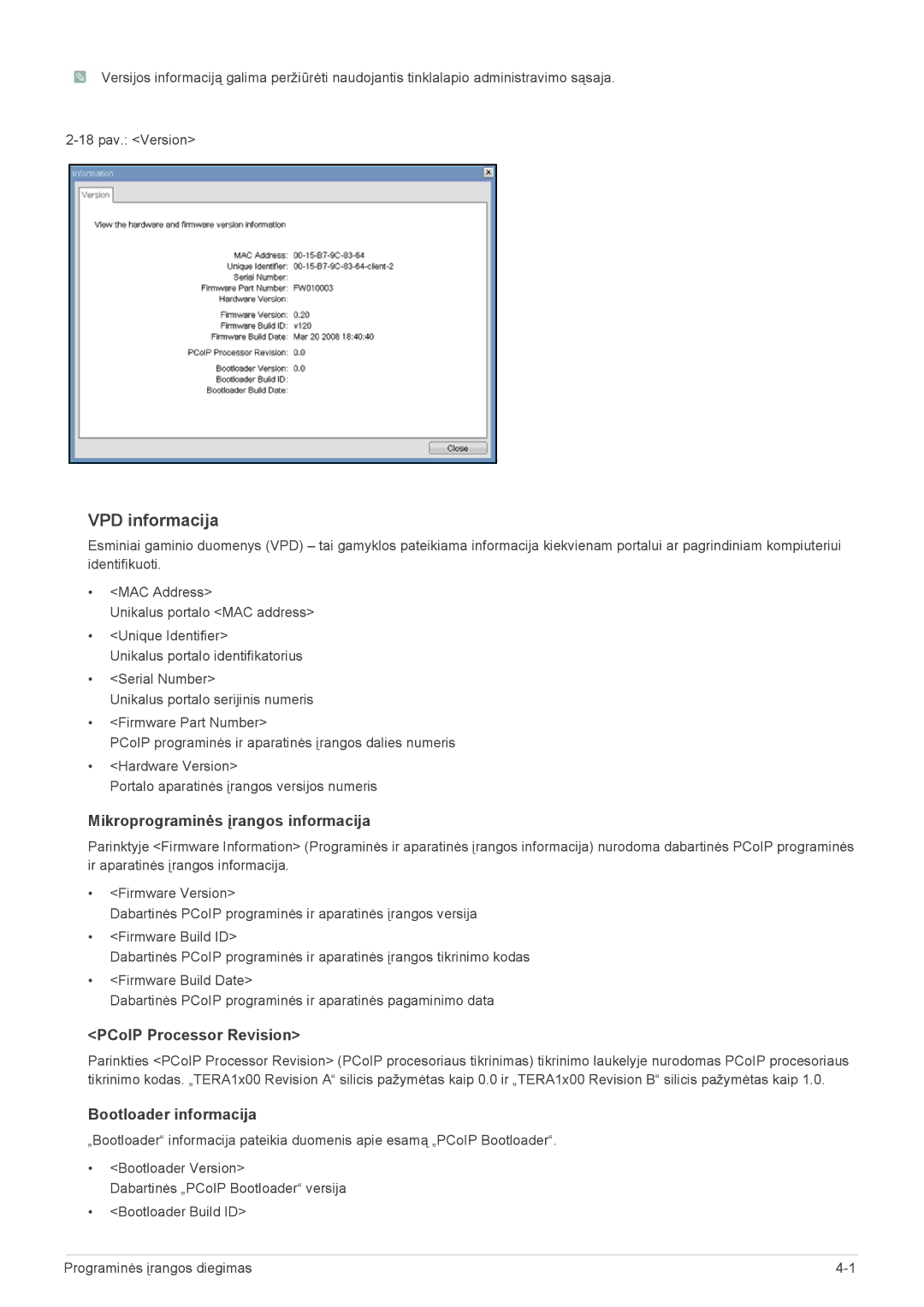 Samsung LF24PPBCB/EN, LF19PPBCB/EN manual VPD informacija, Mikroprograminės įrangos informacija, PCoIP Processor Revision 