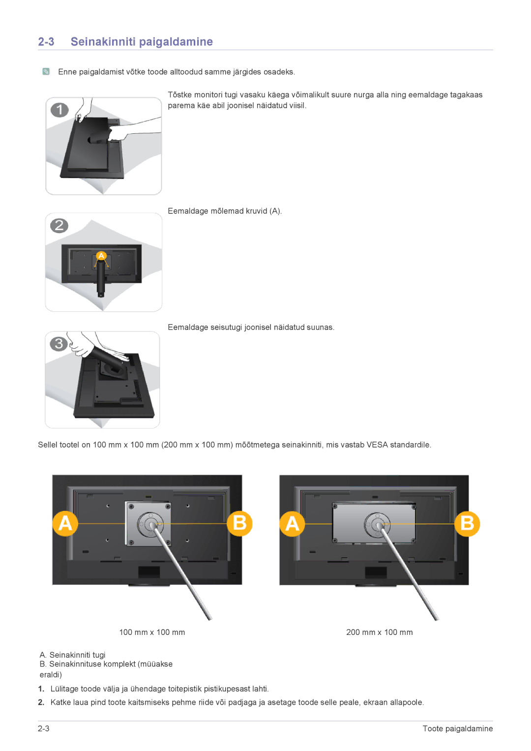 Samsung LF19PPBCB/EN, LF24PPBCB/EN, LF24PPBDB/EN manual Seinakinniti paigaldamine 