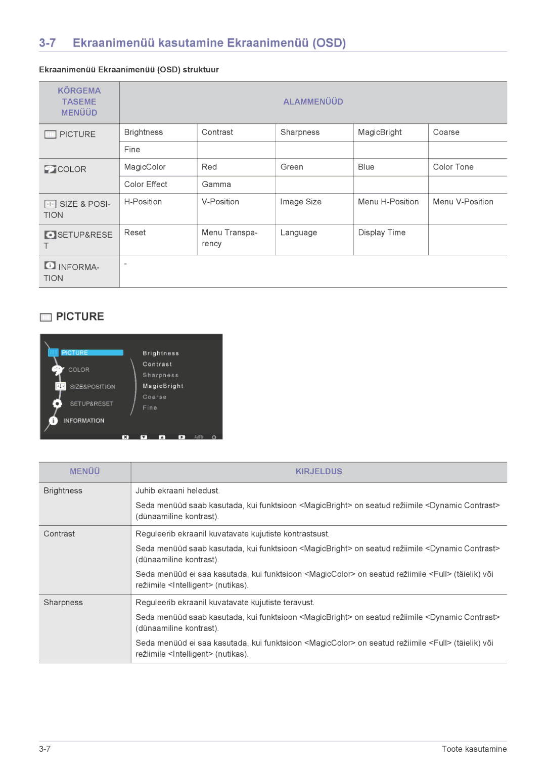 Samsung LF19PPBCB/EN manual Ekraanimenüü kasutamine Ekraanimenüü OSD, Kõrgema Taseme Alammenüüd Menüüd, Menüü Kirjeldus 