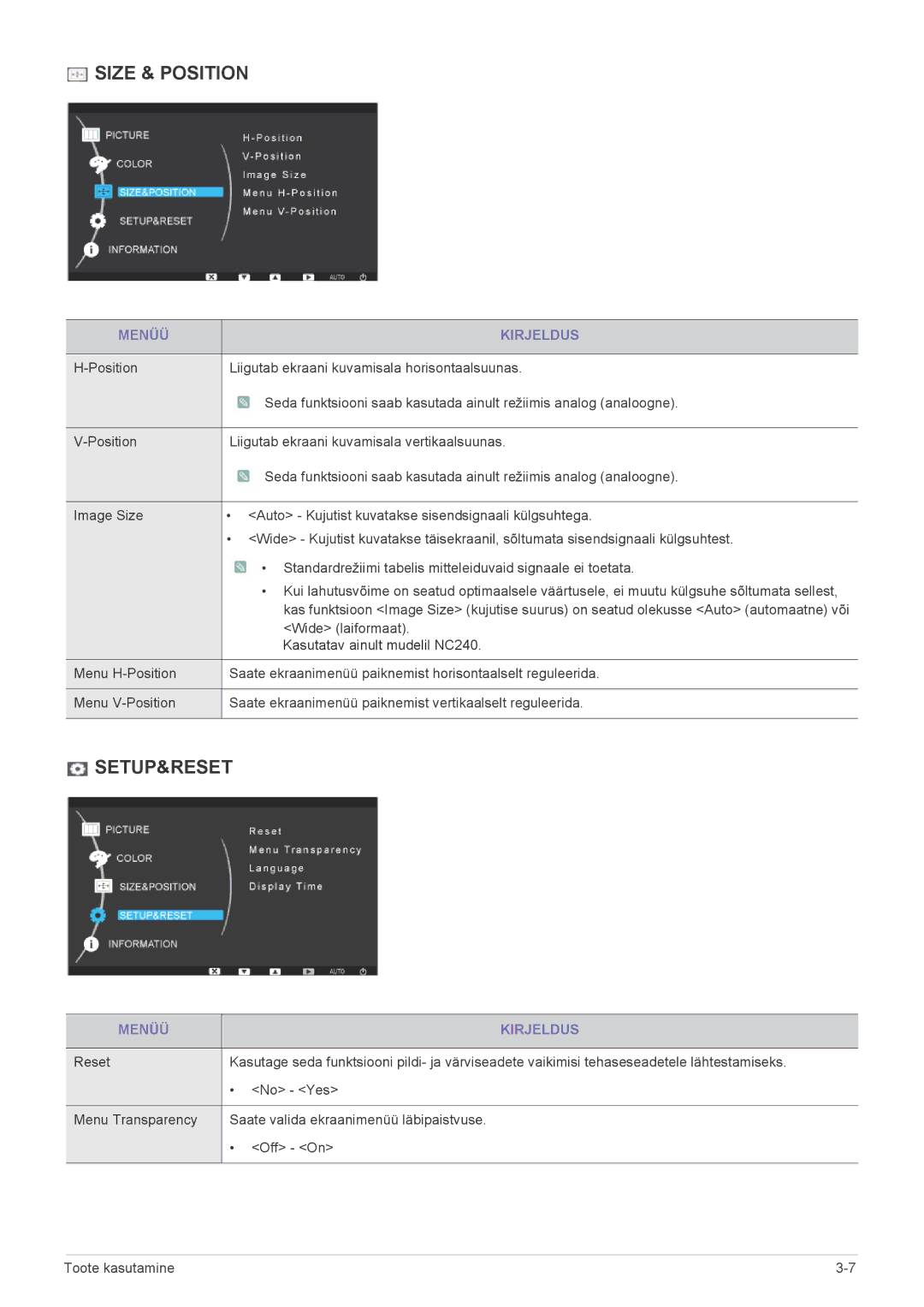 Samsung LF19PPBCB/EN, LF24PPBCB/EN, LF24PPBDB/EN manual Size & Position 