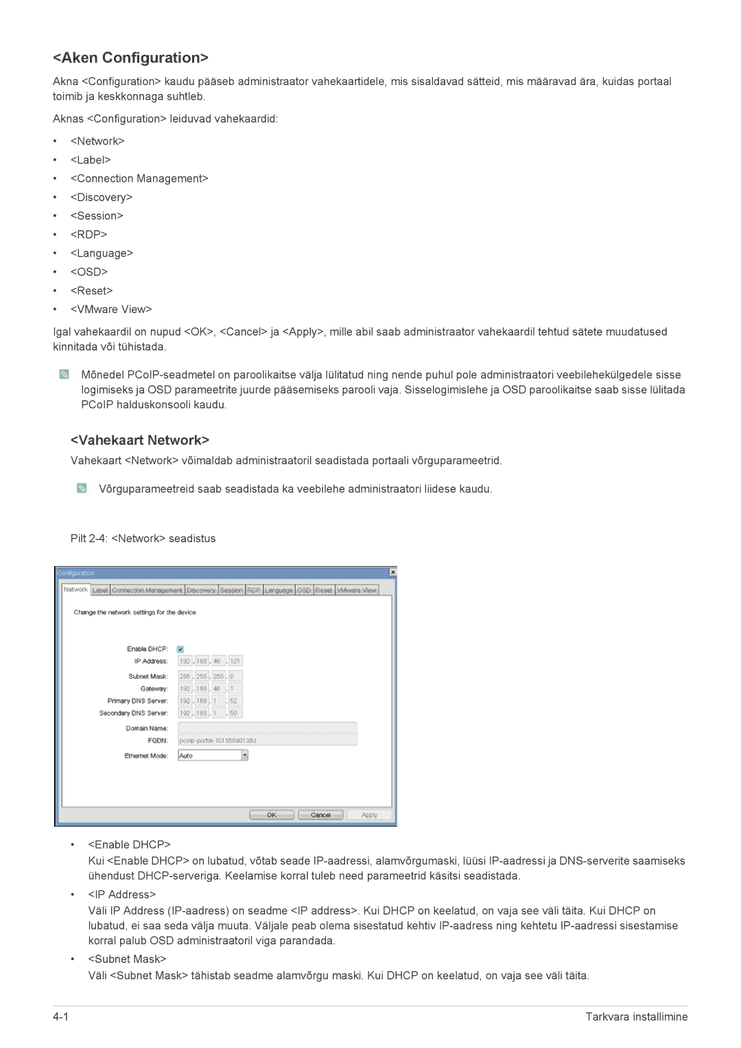 Samsung LF24PPBDB/EN, LF19PPBCB/EN, LF24PPBCB/EN manual Aken Configuration, Vahekaart Network 