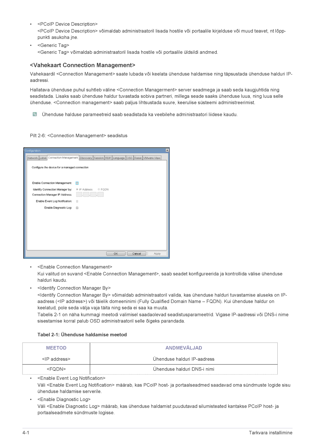 Samsung LF24PPBCB/EN, LF19PPBCB/EN, LF24PPBDB/EN manual Vahekaart Connection Management, Meetod Andmeväljad 