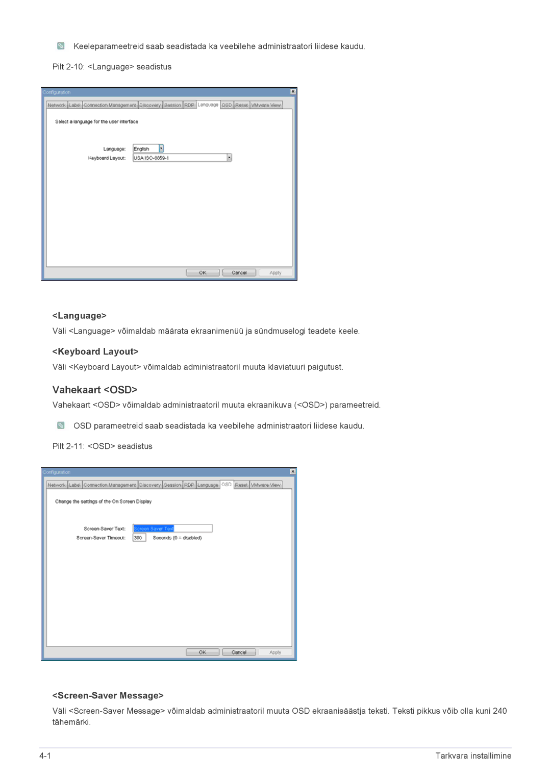 Samsung LF24PPBDB/EN, LF19PPBCB/EN, LF24PPBCB/EN manual Vahekaart OSD, Language, Keyboard Layout, Screen-Saver Message 