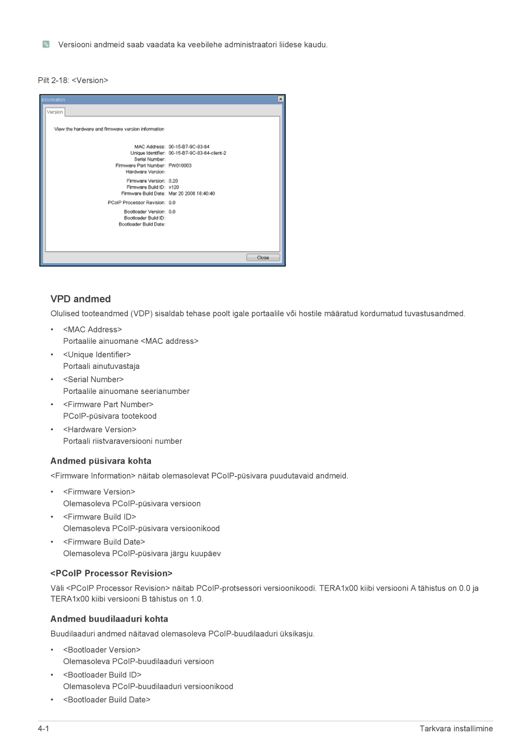 Samsung LF24PPBDB/EN, LF19PPBCB/EN VPD andmed, Andmed püsivara kohta, PCoIP Processor Revision, Andmed buudilaaduri kohta 