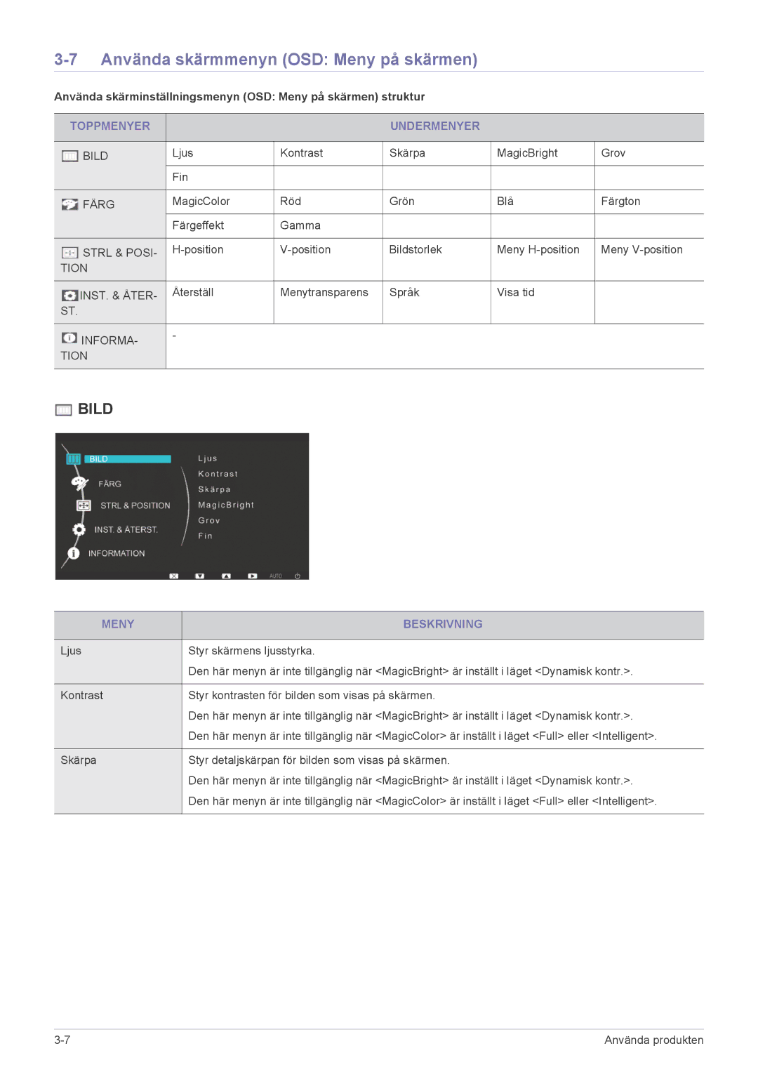 Samsung LF19PPBCB/EN, LF24PPBCB/EN manual Använda skärmmenyn OSD Meny på skärmen, Toppmenyer Undermenyer, Meny Beskrivning 