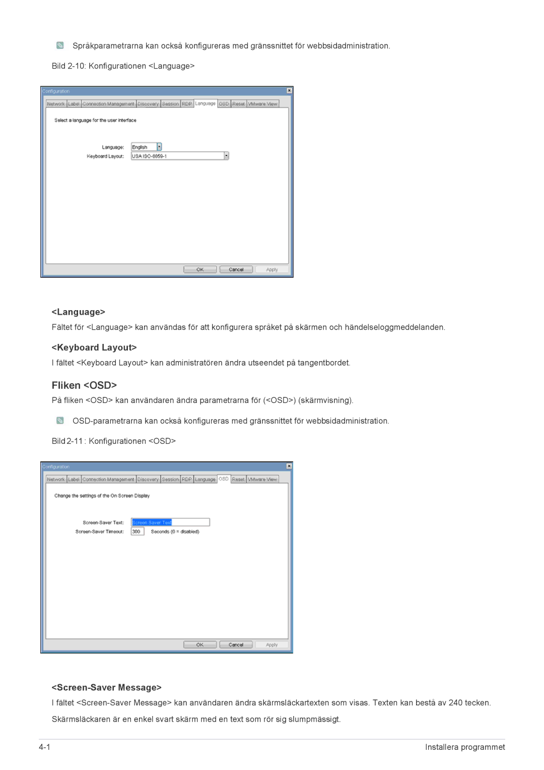 Samsung LF19PPBCB/EN, LF24PPBCB/EN manual Fliken OSD, Language, Keyboard Layout, Screen-Saver Message 