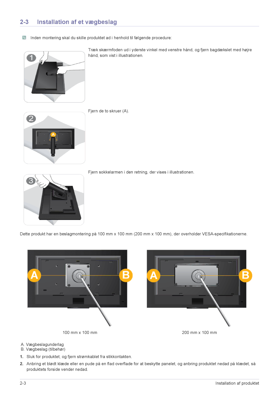 Samsung LF19PPBCB/EN, LF24PPBCB/EN manual Installation af et vægbeslag 