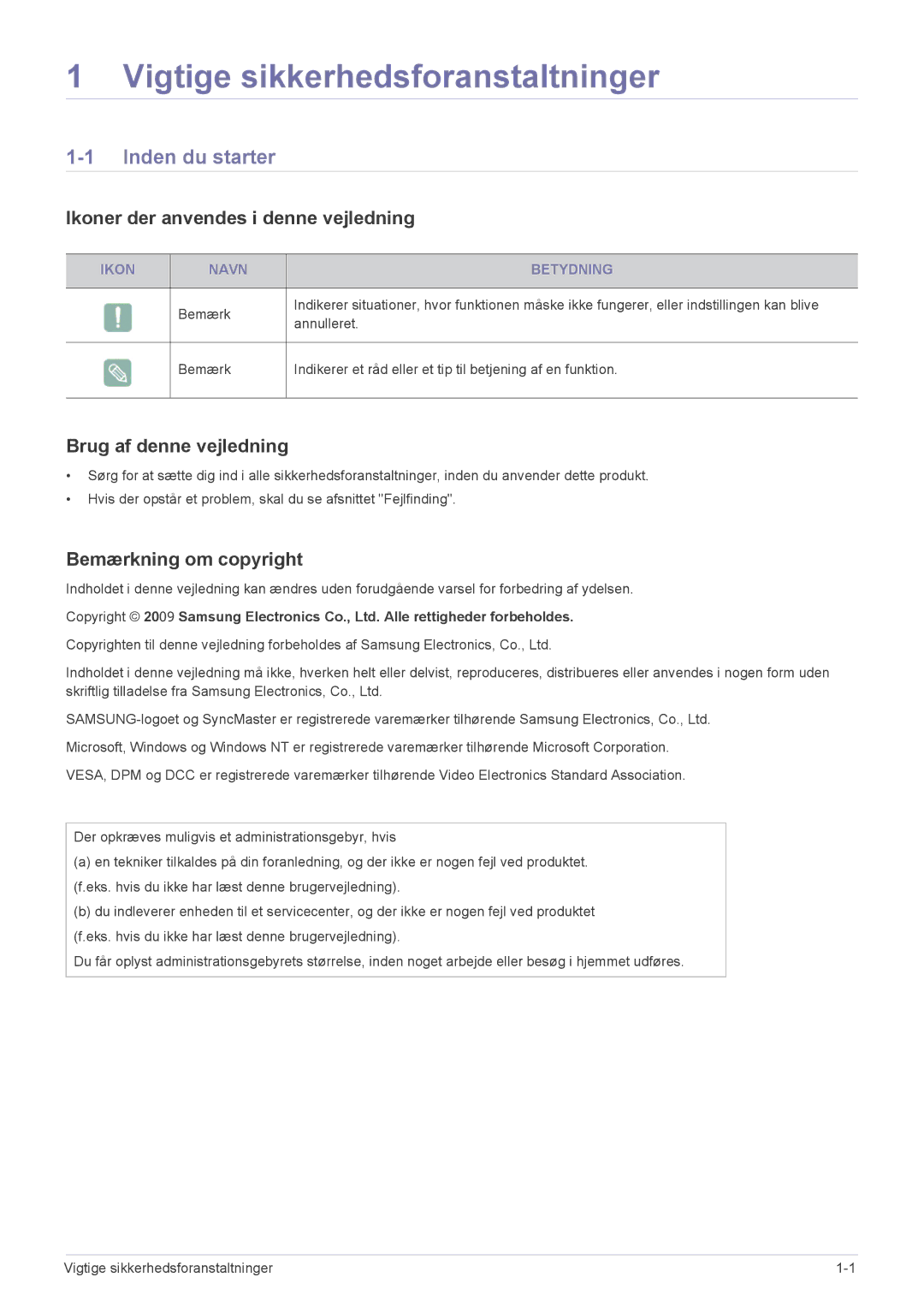 Samsung LF24PPBCB/EN, LF19PPBCB/EN manual Inden du starter, Ikoner der anvendes i denne vejledning, Brug af denne vejledning 