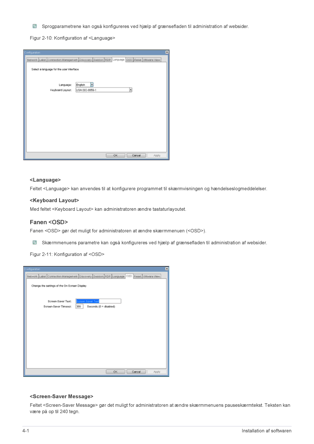 Samsung LF19PPBCB/EN, LF24PPBCB/EN manual Fanen OSD, Language, Keyboard Layout, Screen-Saver Message 