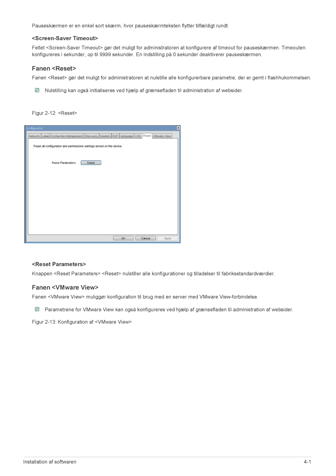 Samsung LF24PPBCB/EN, LF19PPBCB/EN manual Fanen Reset, Fanen VMware View, Screen-Saver Timeout, Reset Parameters 